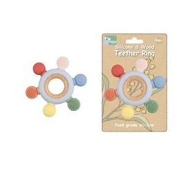 Silicone & Wood Teether Ring Blue