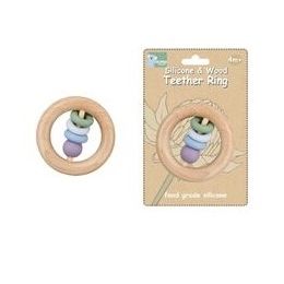 Silicone & Wood Teether Ring Green
